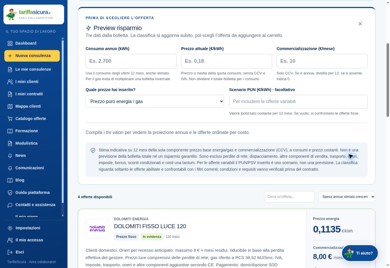 Schermata reale TariffaSicura: preview del confronto con consumi, prezzo e quota fissa