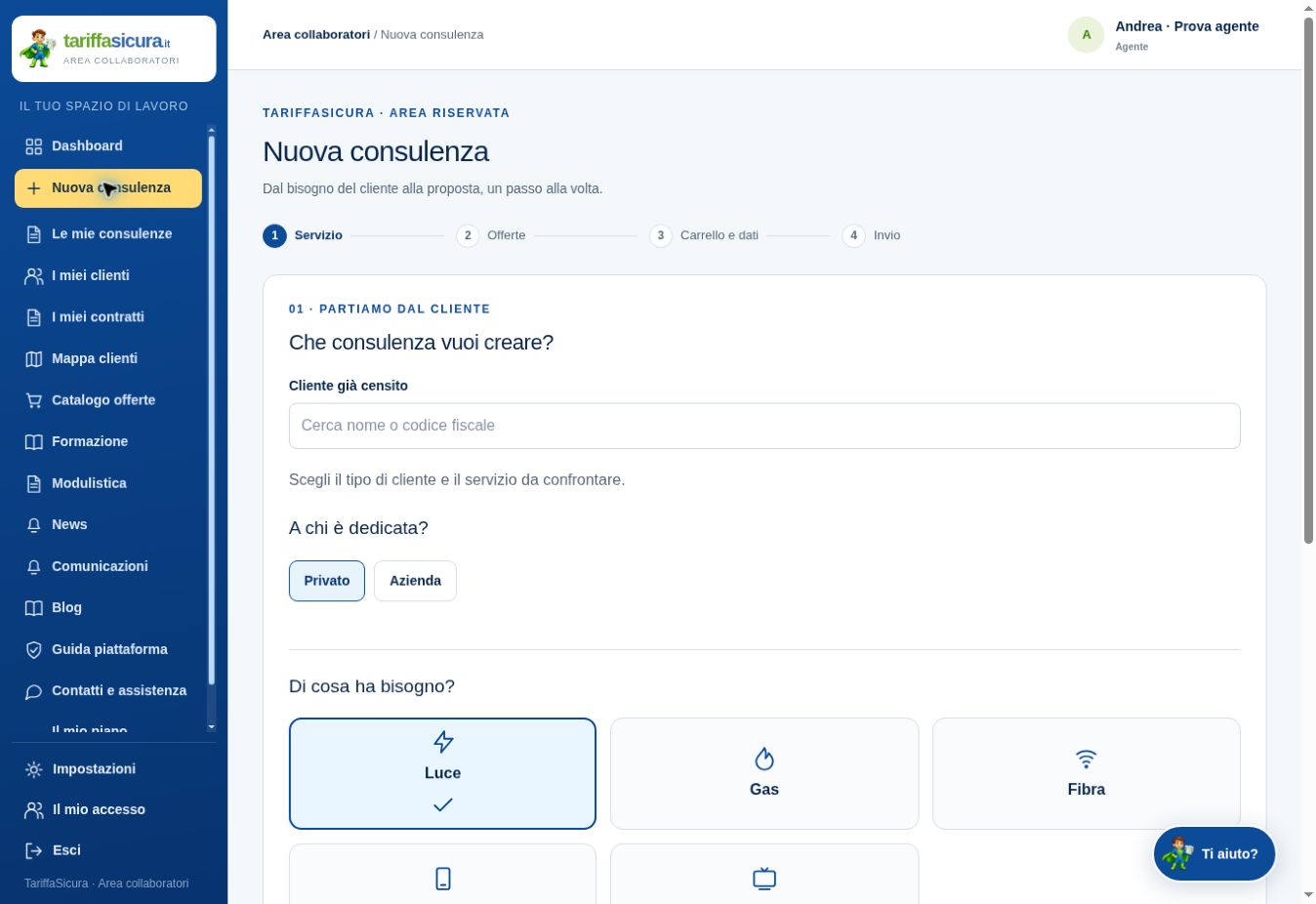Schermata reale TariffaSicura: scelta del cliente e del servizio per una nuova consulenza