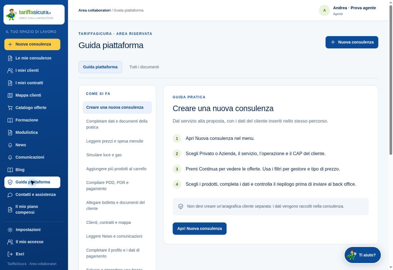 Schermata reale TariffaSicura: guida operativa alla creazione di una consulenza